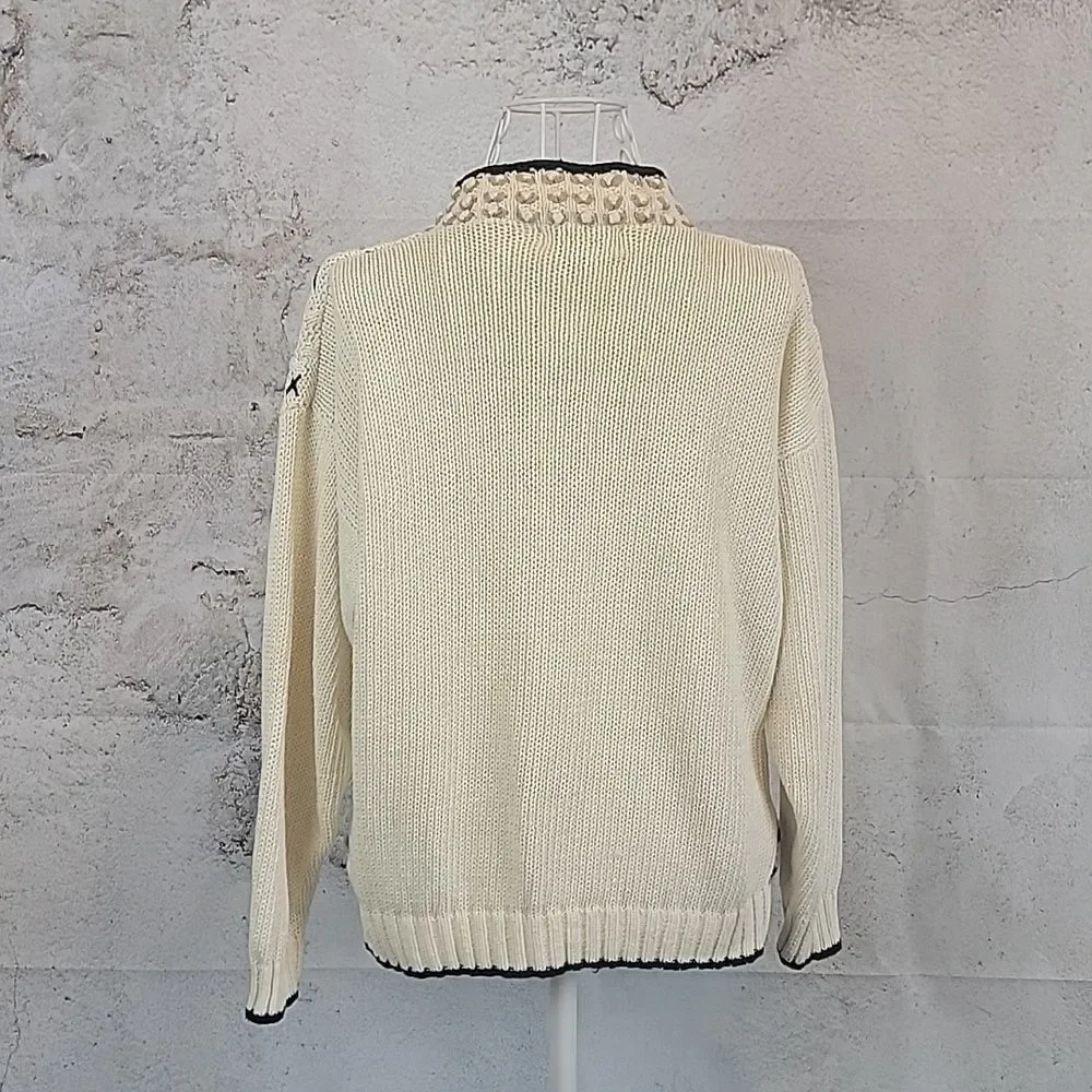Beldoch Popper Vintage Floral Heart Heavy Knit Cream Sweater Womens Size M